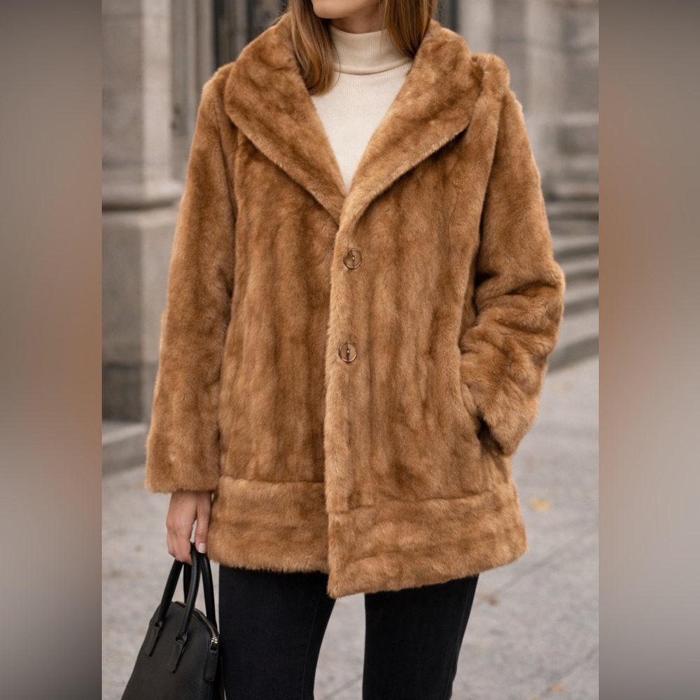 Vintage Tissavel Faux Fur Coat Camel Brown Made in France Fits S/M